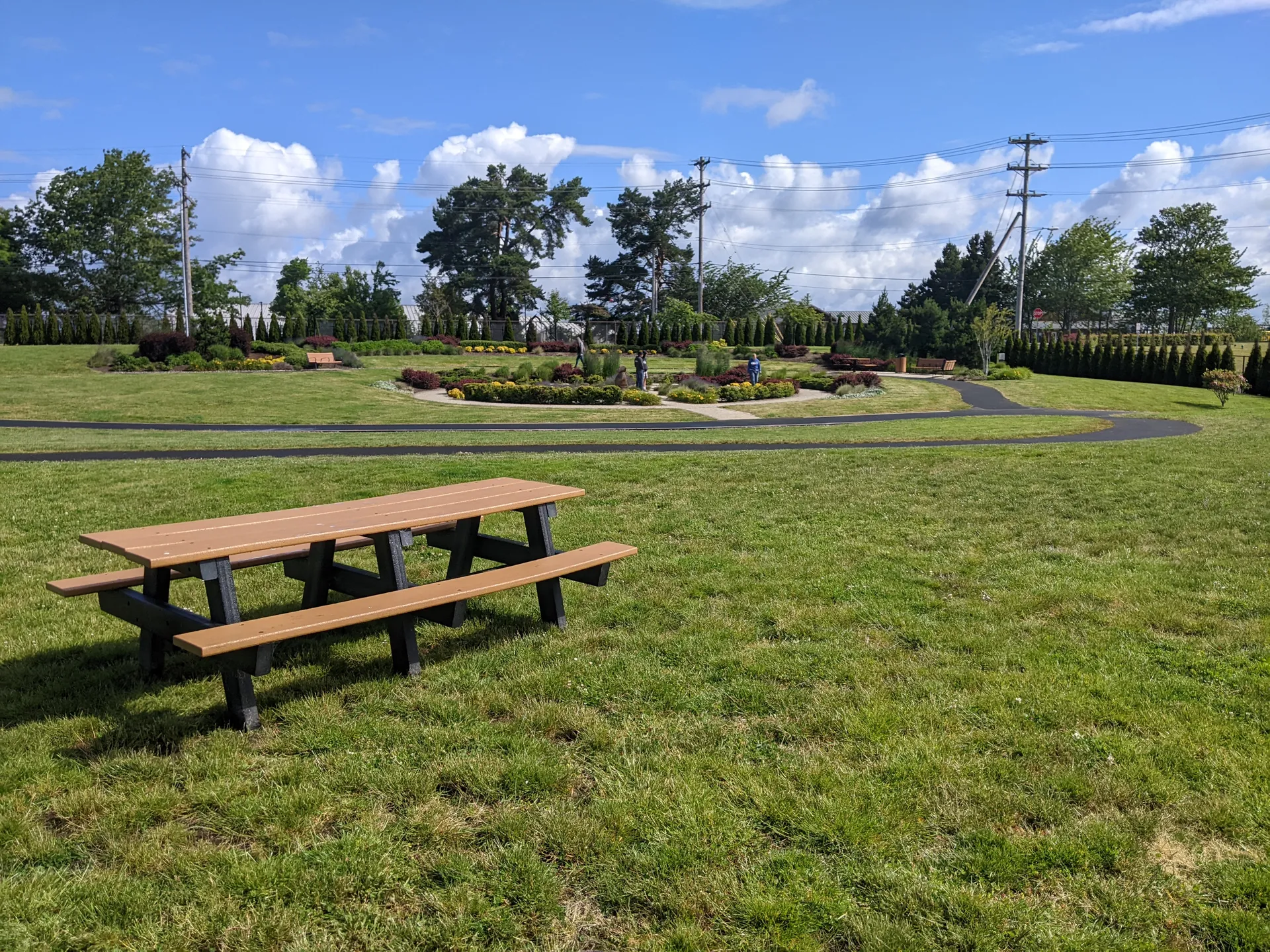 John Warren Field with a bench and green lawn in Astoria, Oregon.