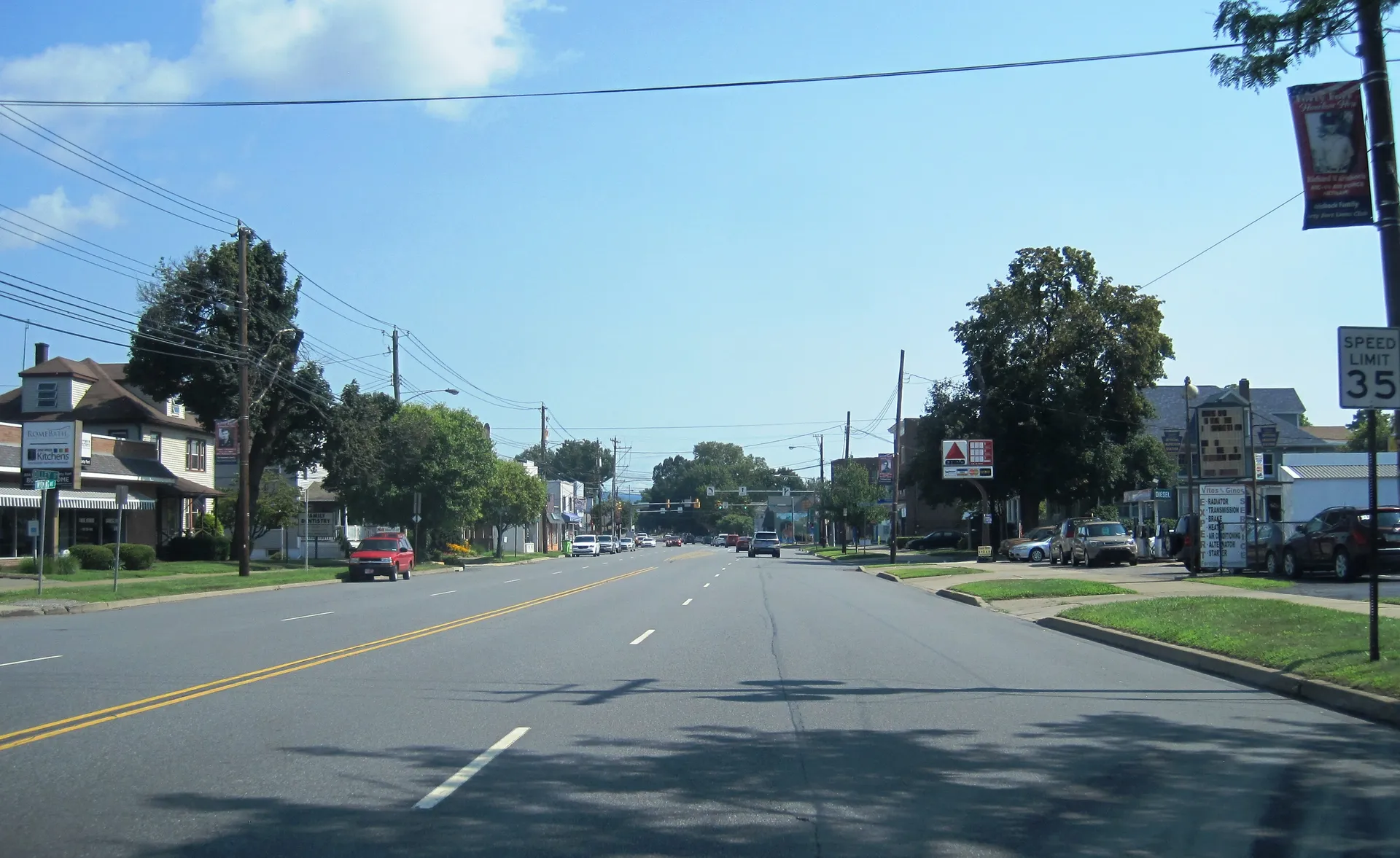 Wyoming Avenue (U.S. Route 11) in Forty Fort runs northwest past homes and shops between Virginia Terrace and Dilley Street.