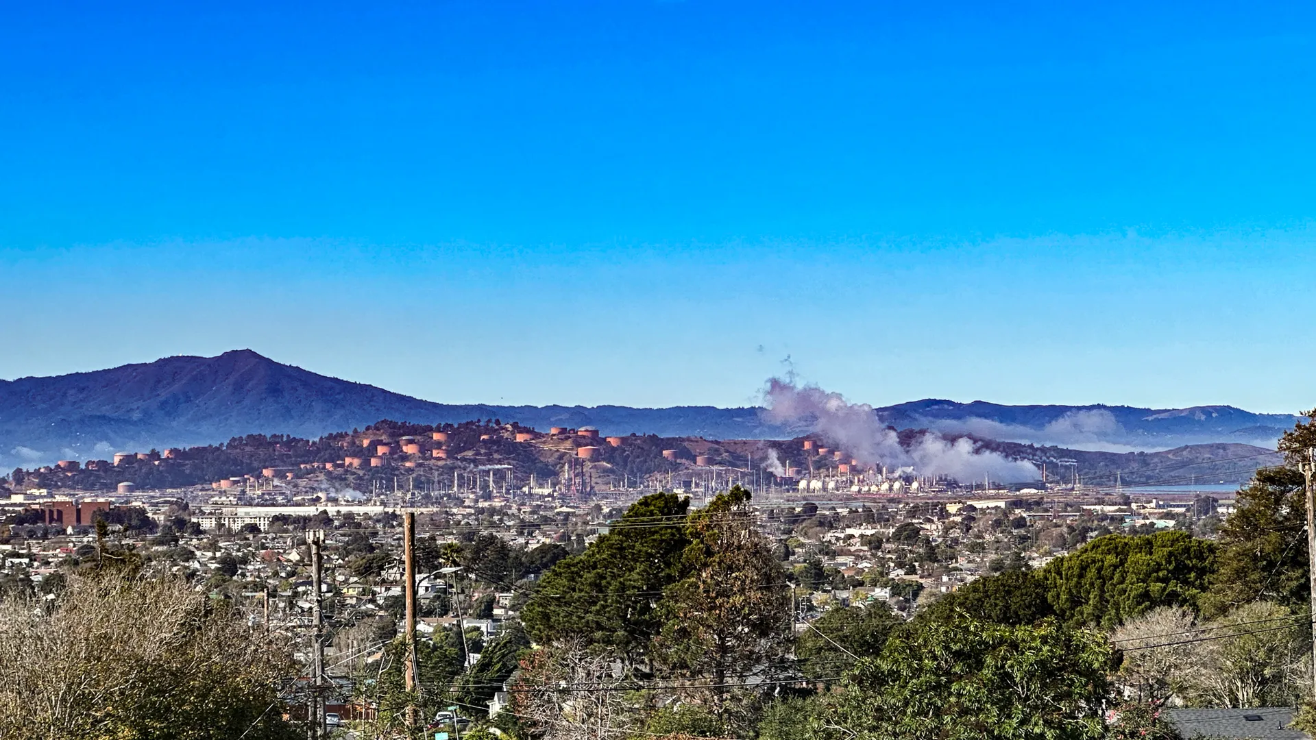 A view from East Richmond Heights toward Richmond’s refinery and Mount Tamalpais, California.