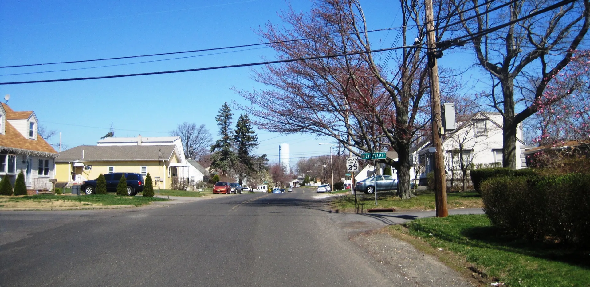 A quiet residential street in Cliffwood Beach runs past small houses, budding trees and a distant water tower.