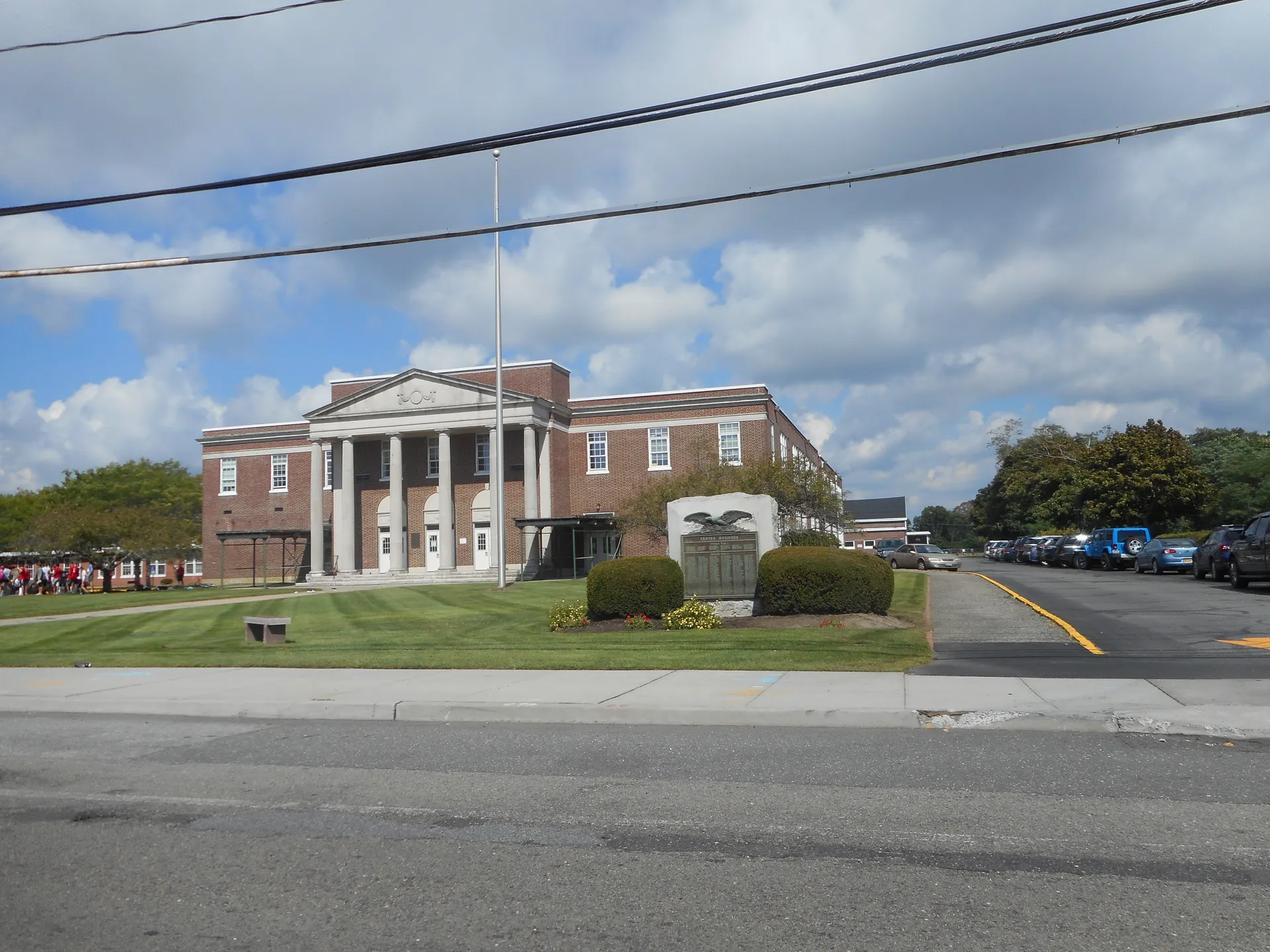 Columned Middle Country Public Library main branch in Centereach, New York.