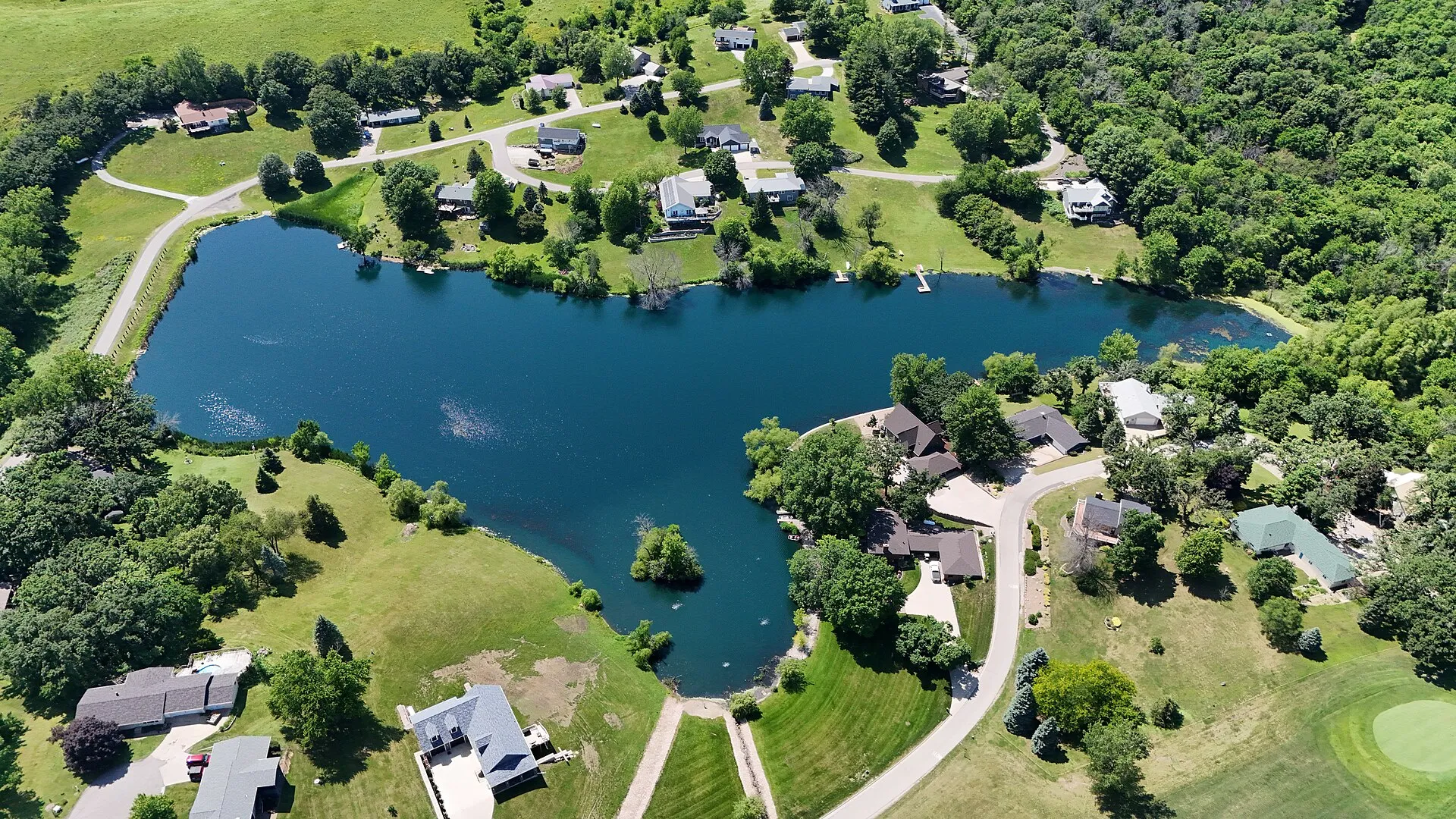 Aerial view of the lake at Oakland Acres, Iowa.