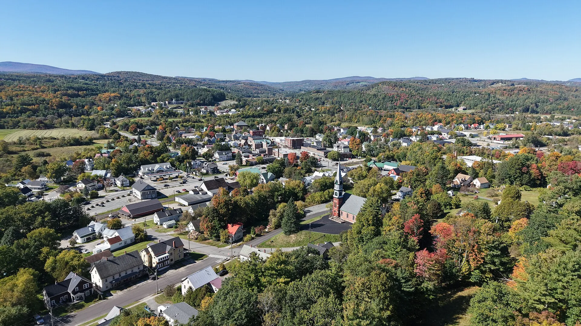 Aerial view of Lyndon and the surrounding hills, Vermont.