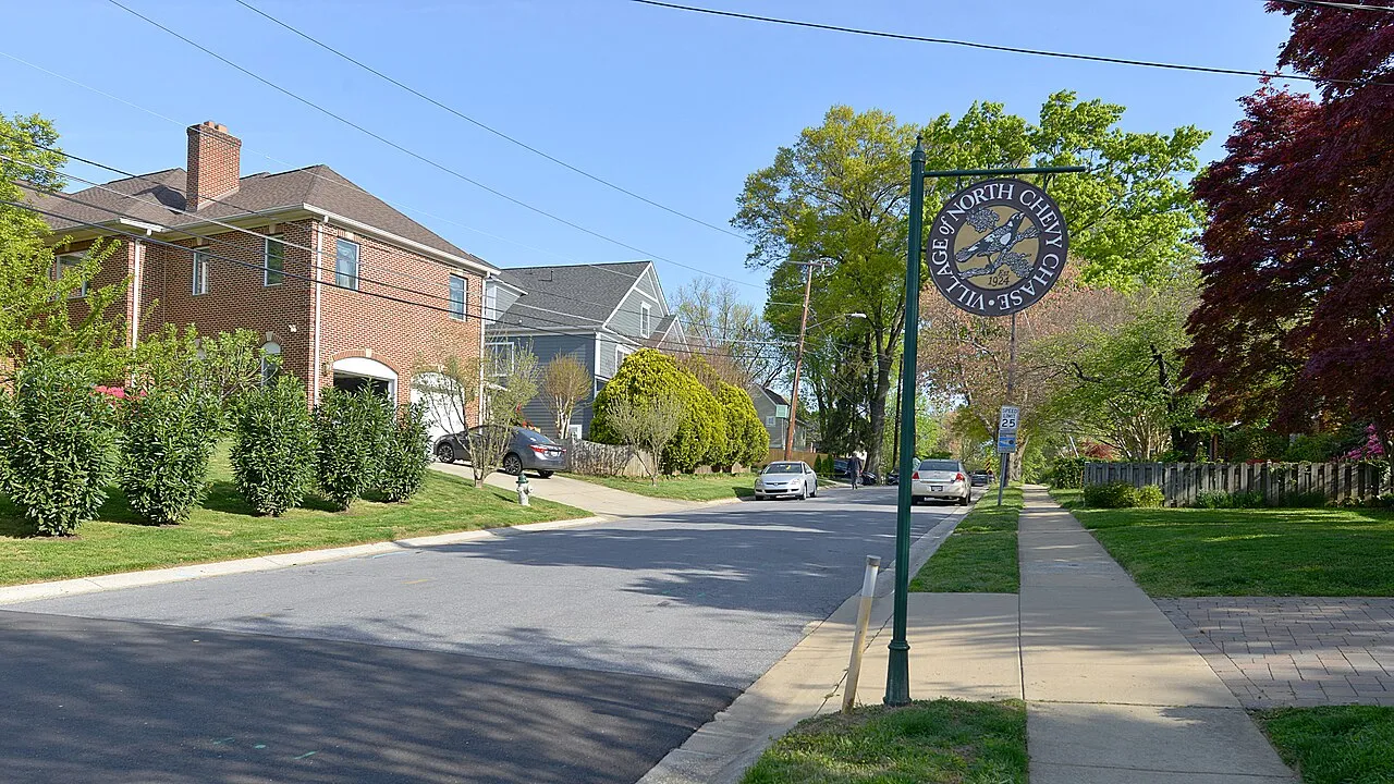 A residential street at the entrance to North Chevy Chase, Maryland.