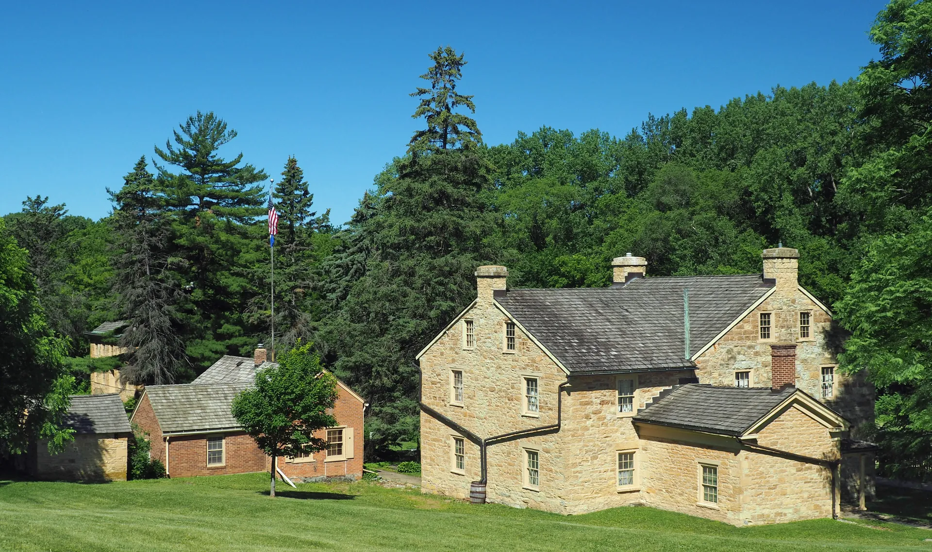 Historic Sibley Historic Site buildings in Mendota, Minnesota.