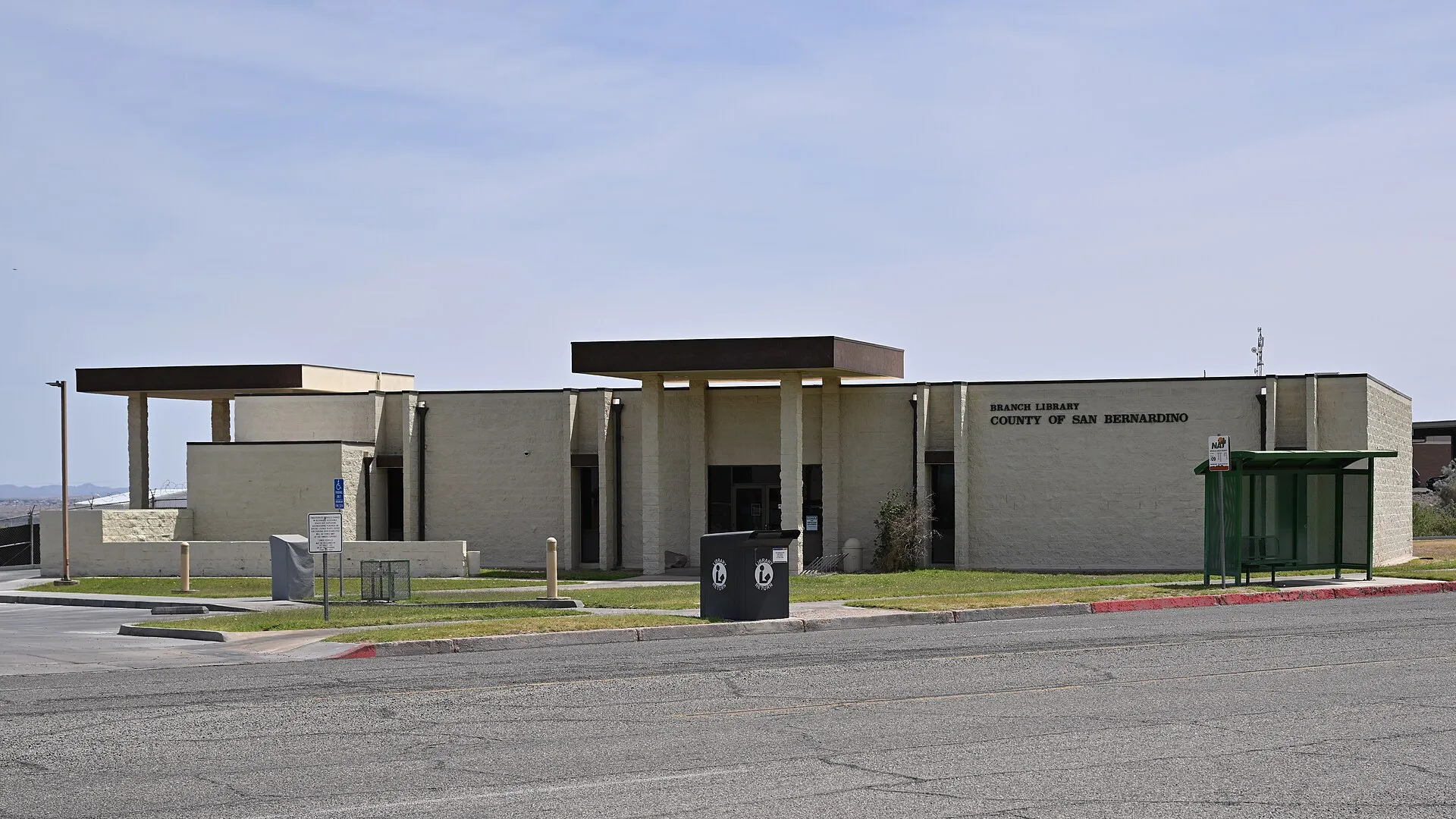 The library building at 1111 Bailey Avenue in Needles, California, in April 2026.