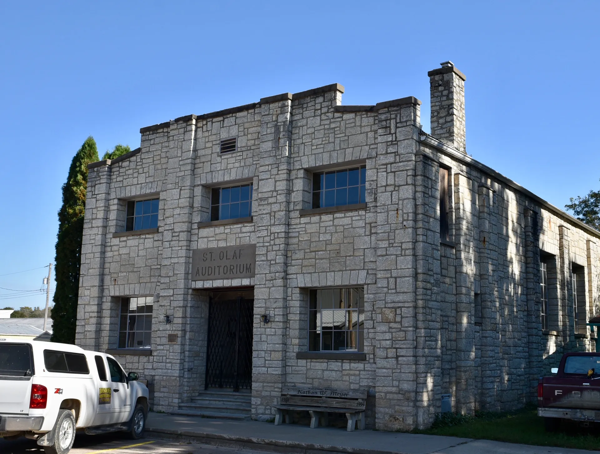 Historic stone St. Olaf Auditorium in St. Olaf, Iowa.