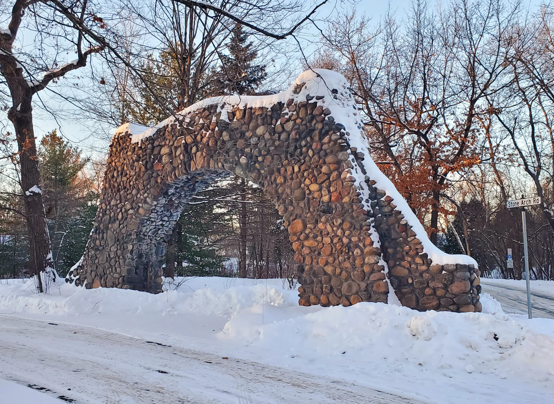 Historic Old Stone Arch in winter in Woodland, Minnesota.
