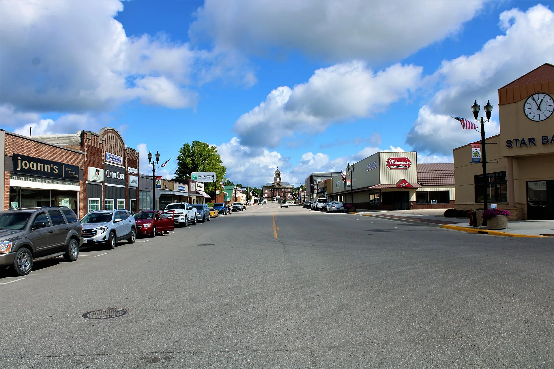 Main street with shops in Elbow Lake, Minnesota.