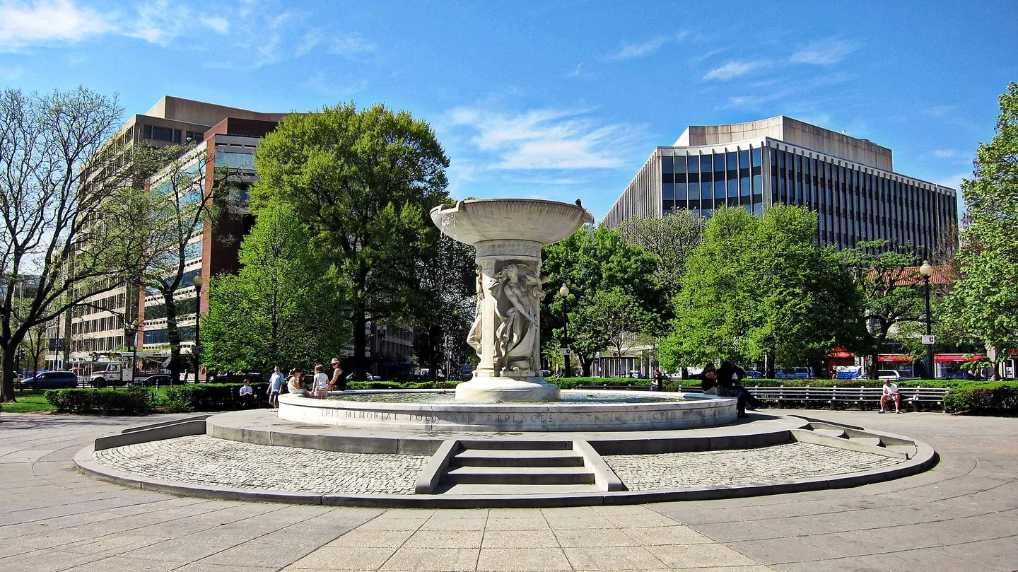 The Dupont Circle memorial fountain in Washington, DC, viewed toward the southwest.