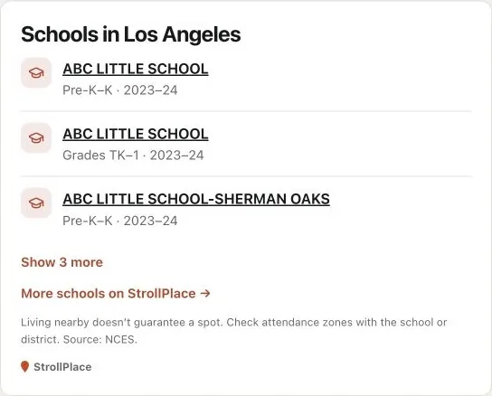 Los Angeles school directory widget showing grade ranges, school years and a warning that nearby schools do not guarantee attendance eligibility.
