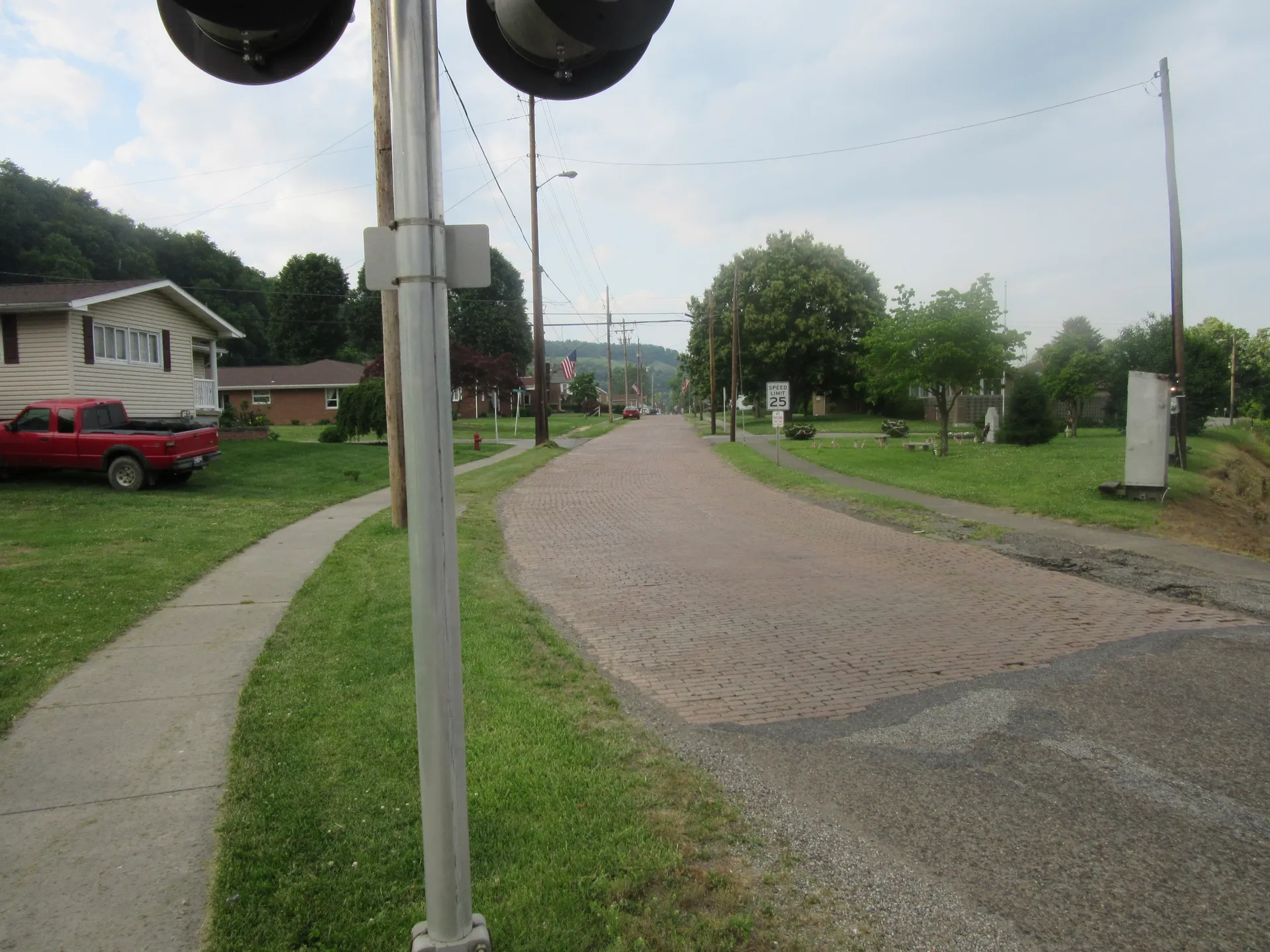 Brick-paved Main Street in Rayland, Ohio.