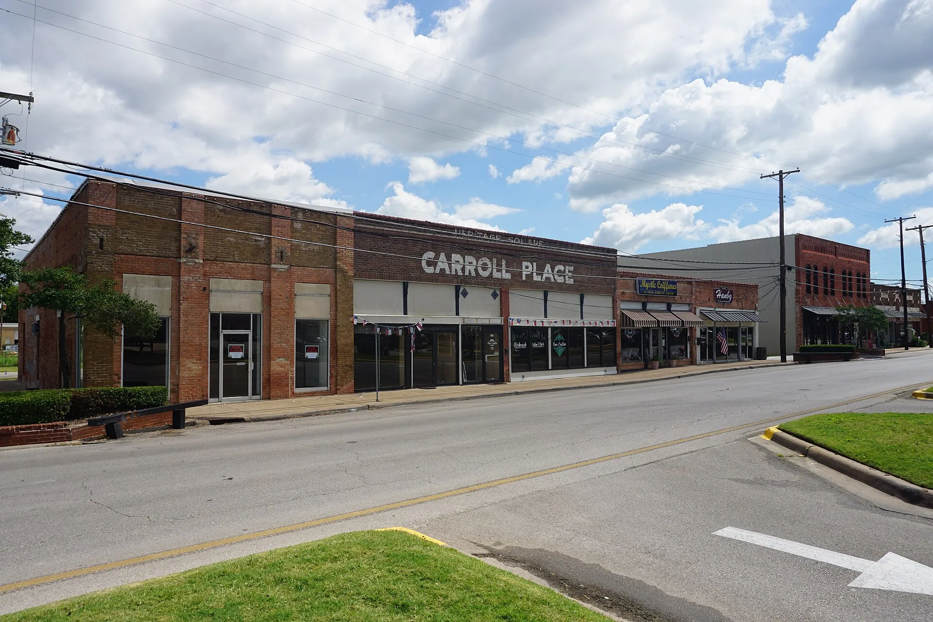 Historic storefronts along Main Street in Downtown Mesquite, Texas.