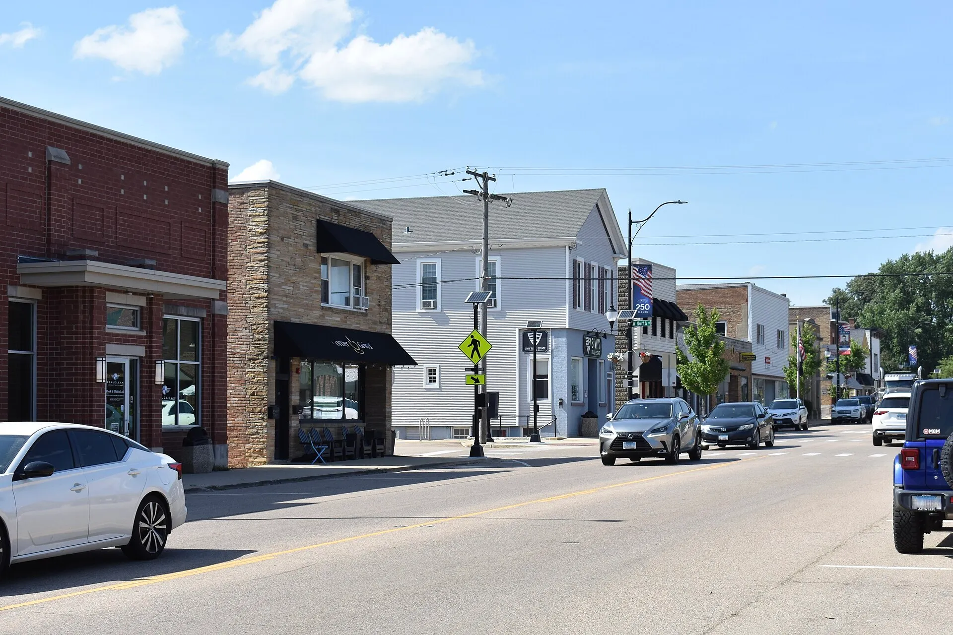 Downtown storefronts in Elburn, Illinois.