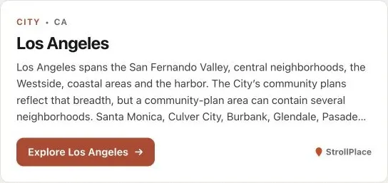 Real StrollPlace widget preview showing the Los Angeles city overview in light style, with a link to explore the city.