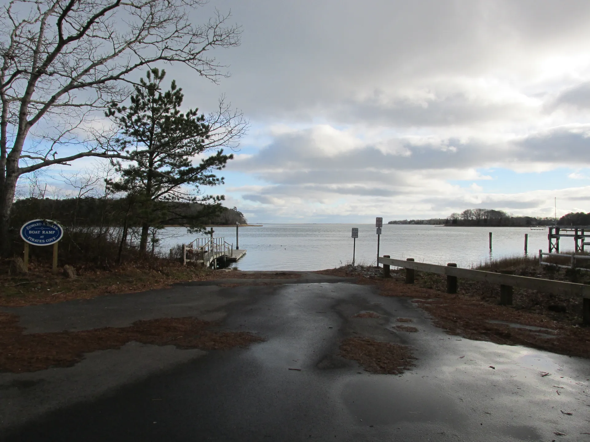 Waterfront at the Edward A. Baker Boat Ramp on Pirates Cove in Mashpee, Massachusetts.