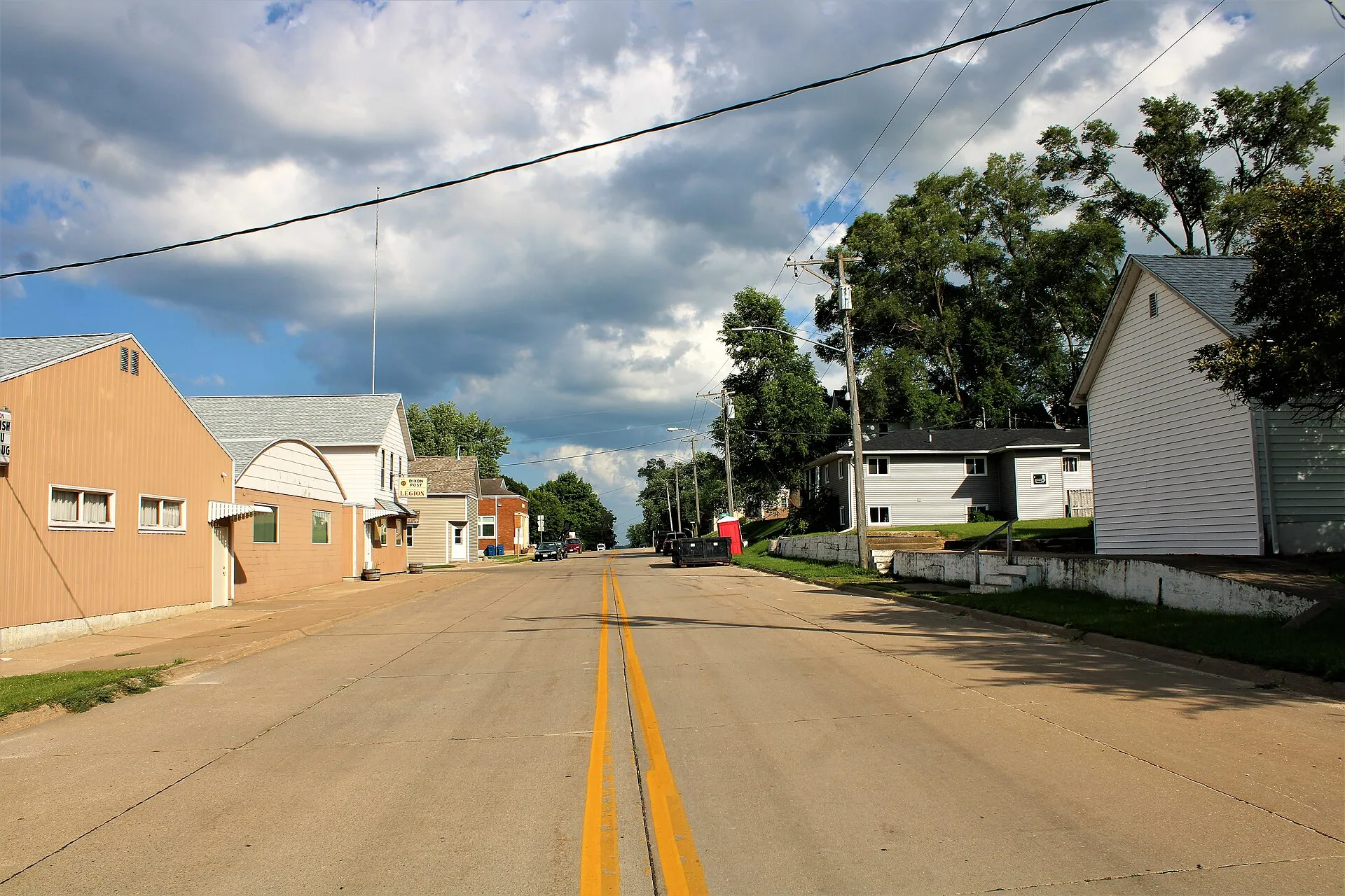 Tree-lined street through the small town of Dixon, Iowa.