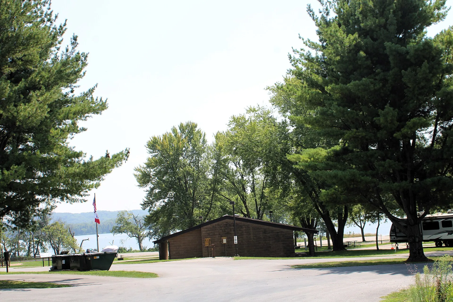 Trees and lawn at Fairport State Recreation Area in Fairport, Iowa.