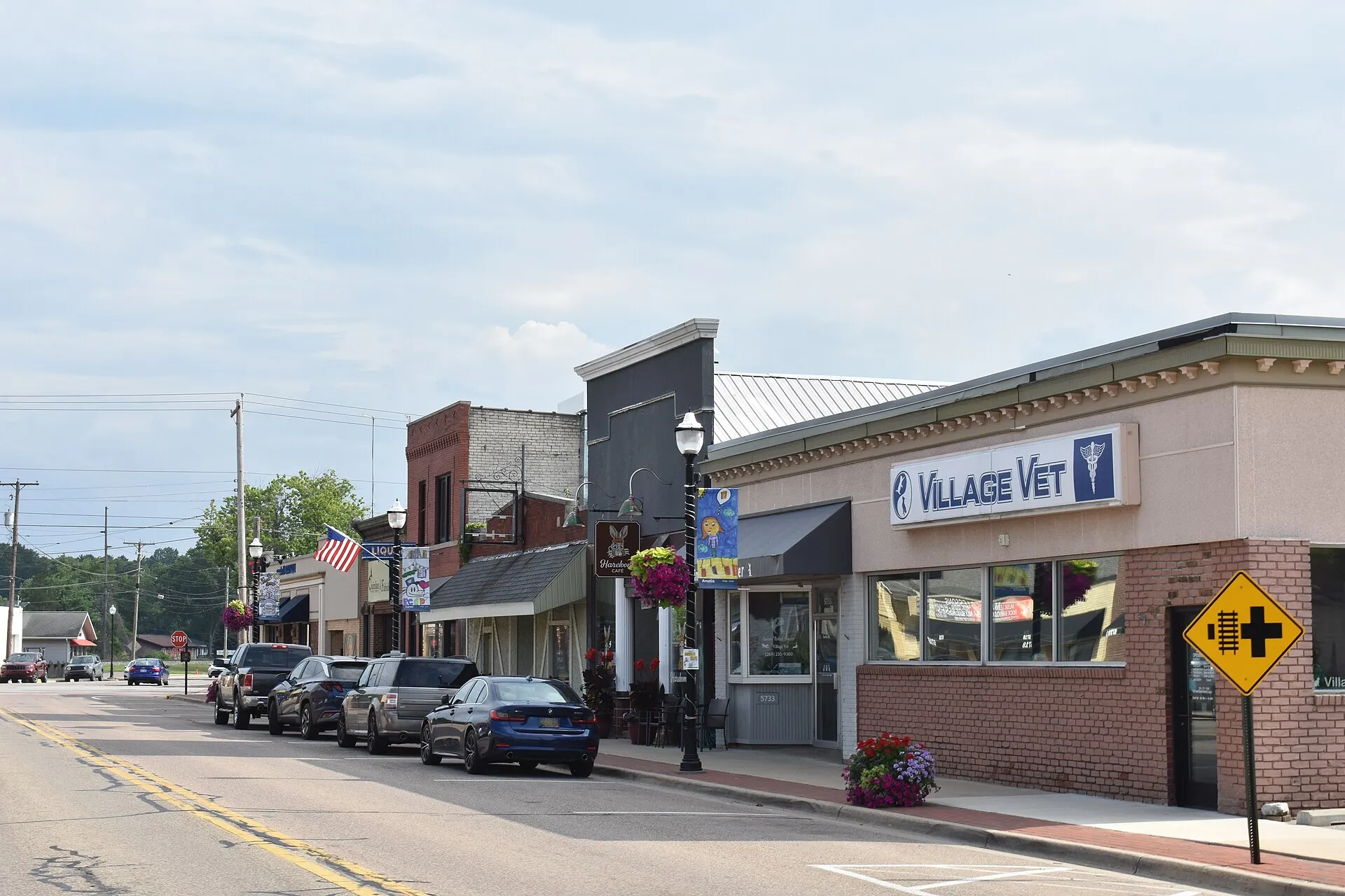 Main street storefronts in Stevensville, Michigan.