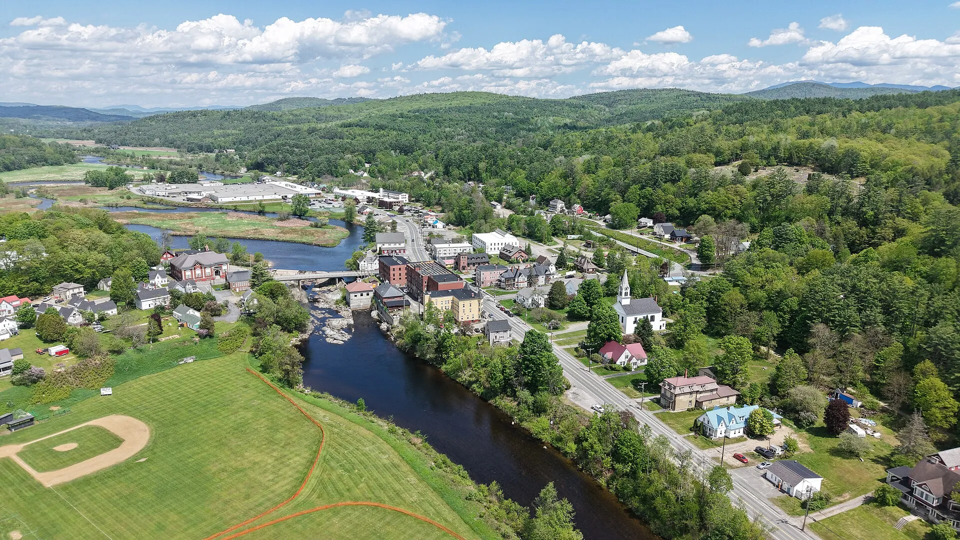 Aerial view of Lisbon and the Ammonoosuc River, New Hampshire.
