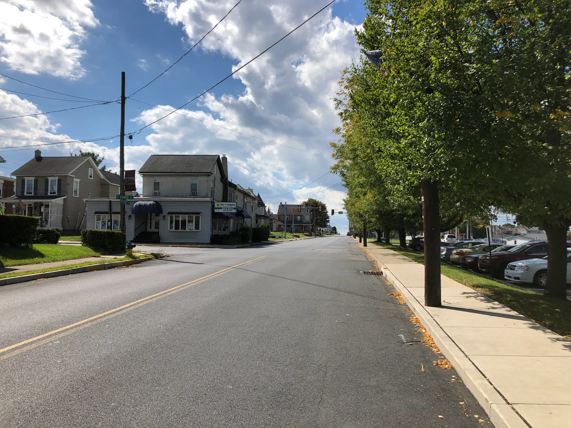 Chestnut Street in Coplay heads southwest between Bird Alley and Third Street past brick and frame homes and leafy trees.