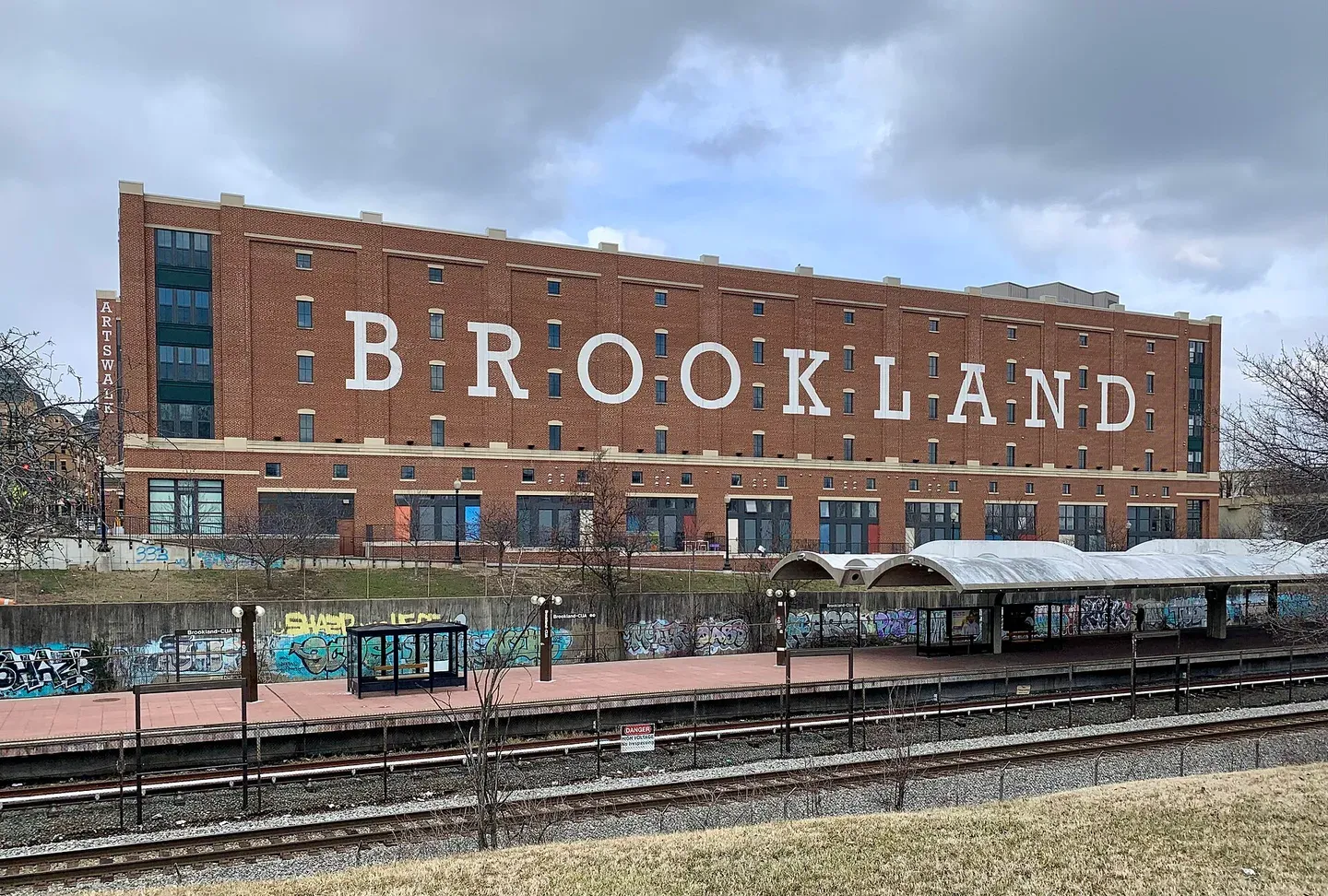 Brookland–CUA station with the Brookland Works building behind it.