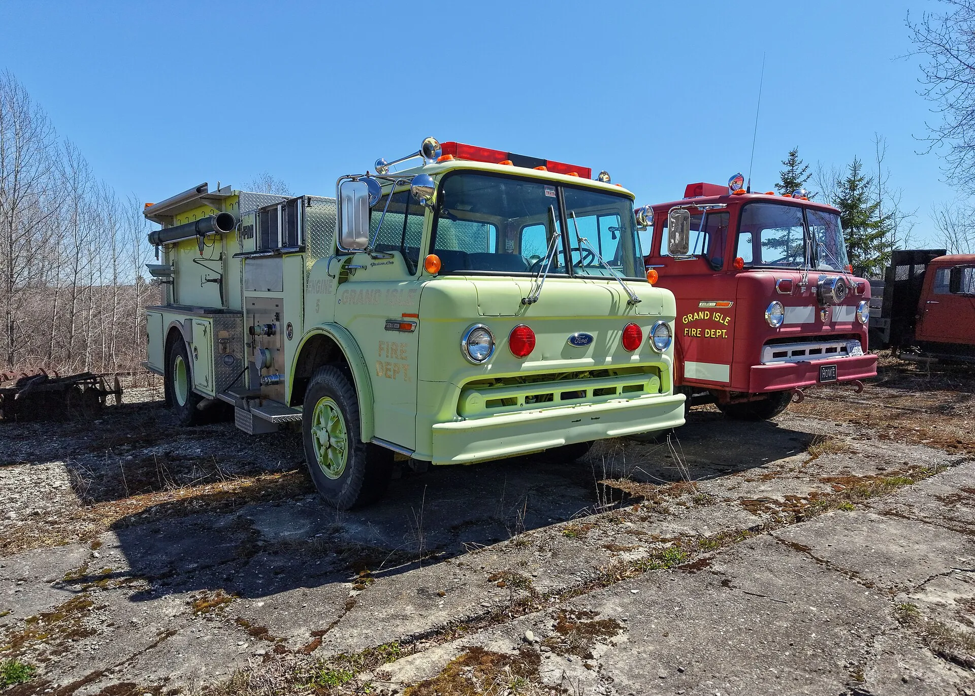 Vintage fire trucks at the Grand Isle fire station, Maine.