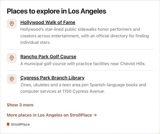 Los Angeles places widget showing the Hollywood Walk of Fame, Rancho Park Golf Course and Cypress Park Branch Library.