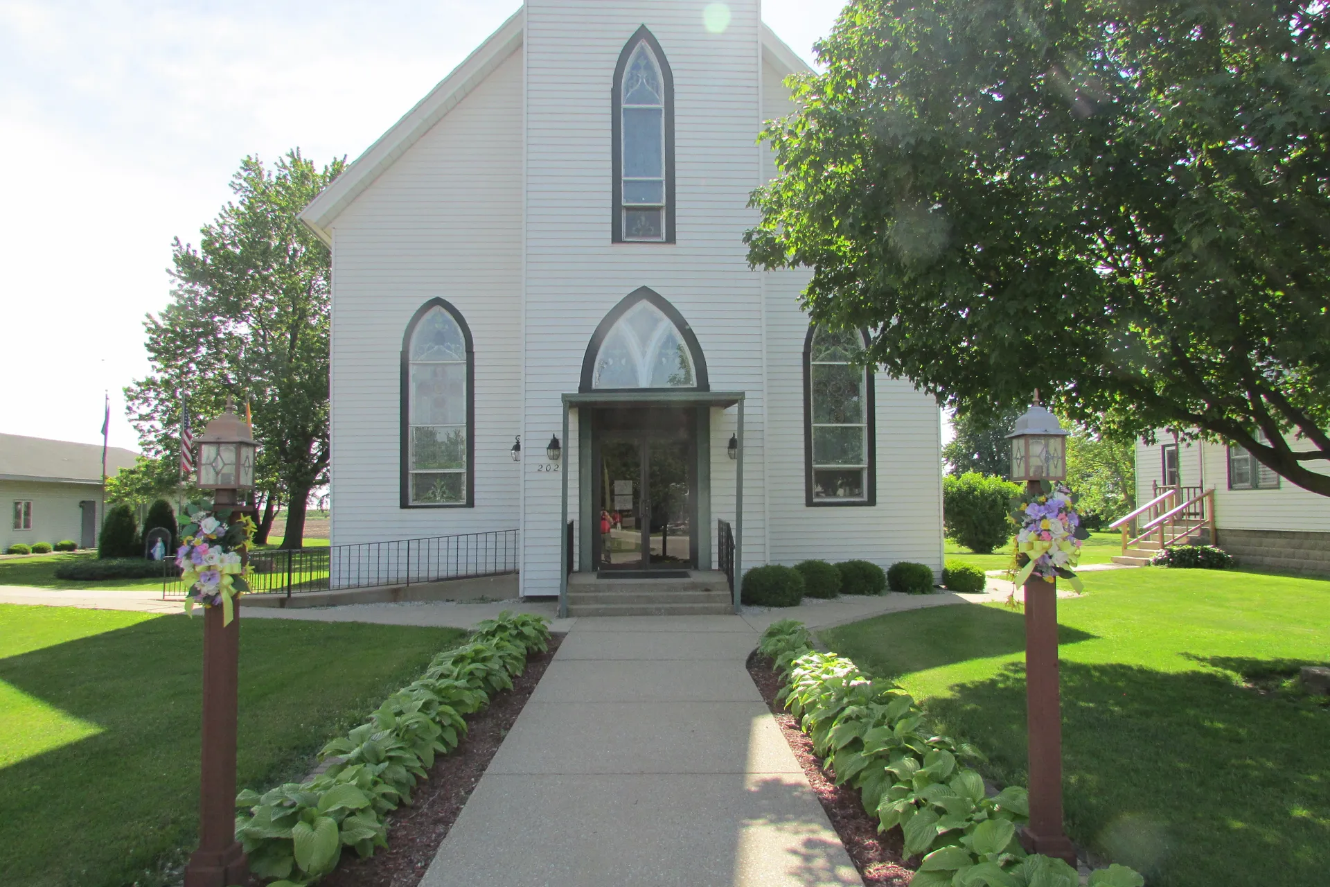 White church entrance in Wanatah, Indiana.