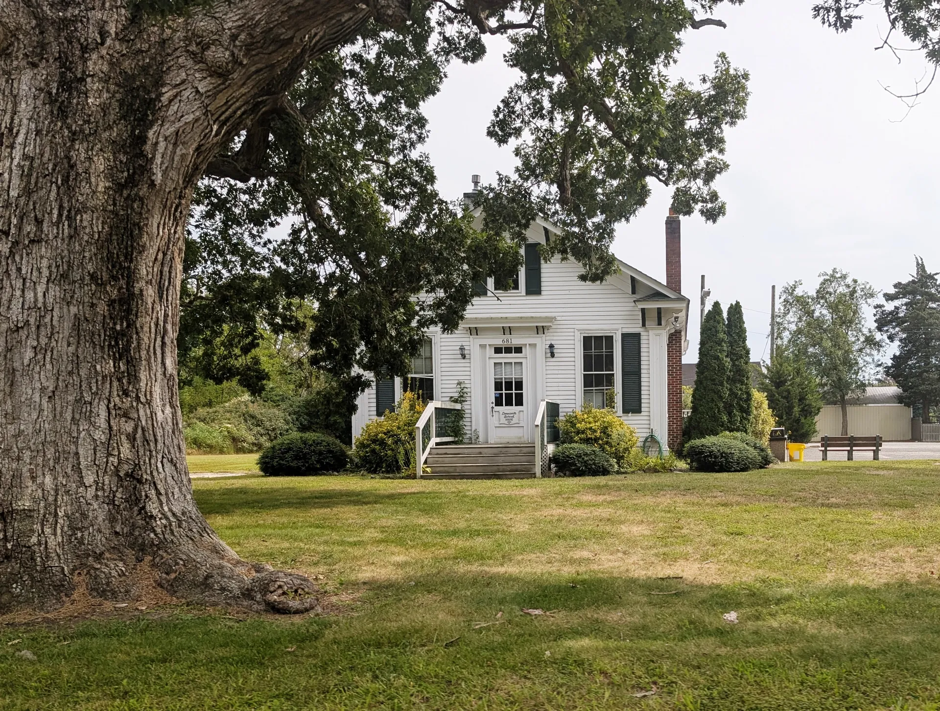 In Dennisville, the old school house stands as a modest white frame building under the spreading limbs of a mature shade tree.