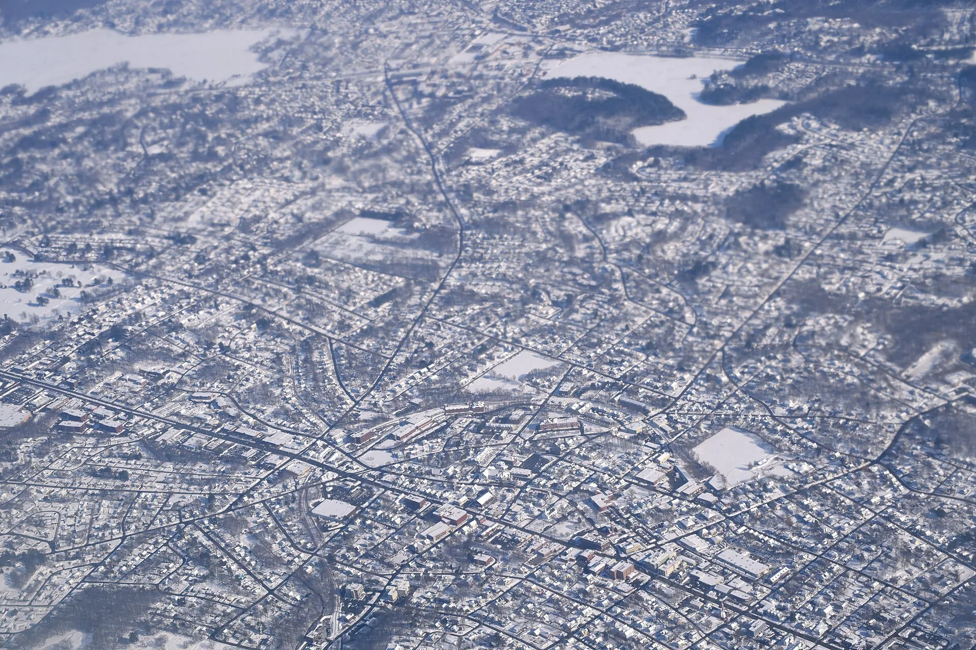 Aerial winter view of Stoneham and Wakefield, Massachusetts, from a plane.