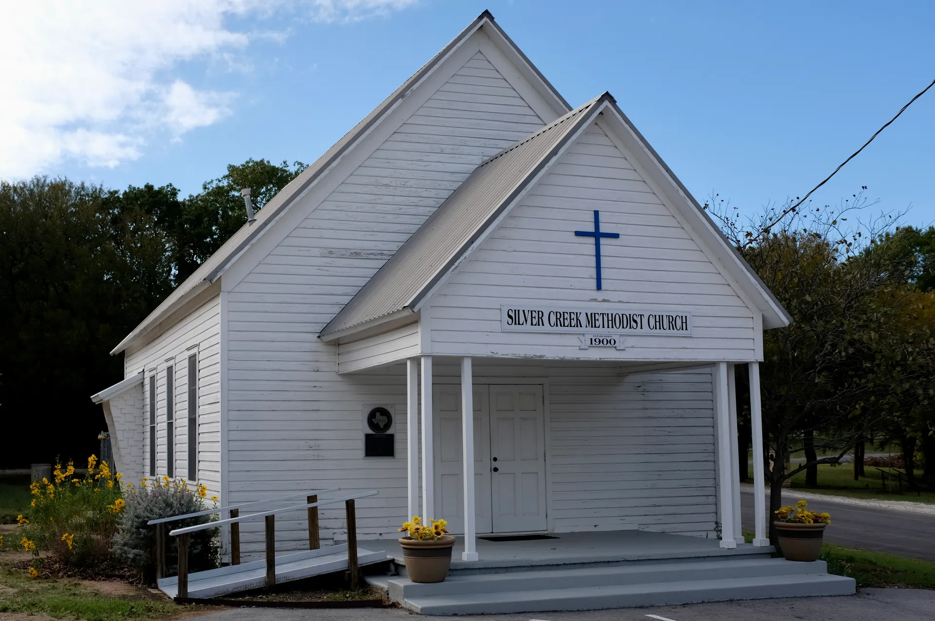 Silver Creek United Methodist Church, a white wooden chapel in Azle, Texas.