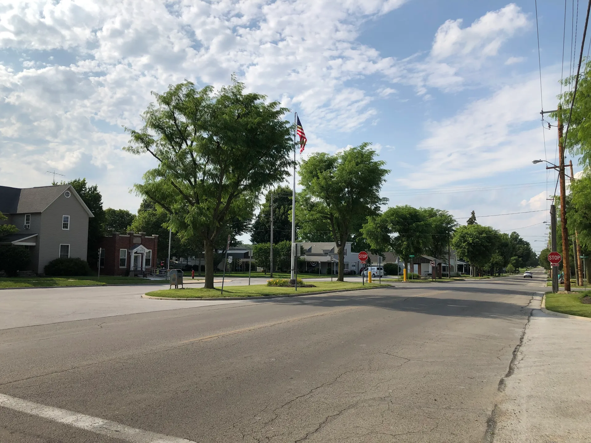 Tree-lined downtown street in Van Buren, Ohio.