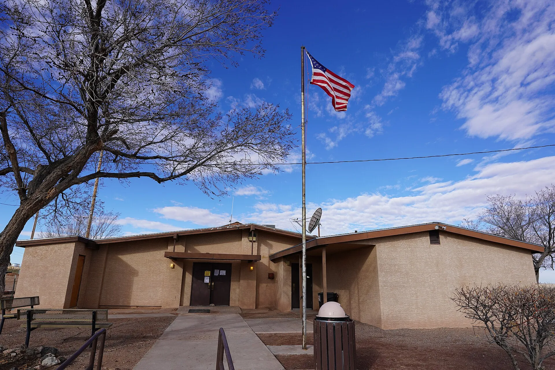 The photograph is of the Navajo Nation Chapter House for the Tonali Lake Chapter. Photograph taken on 2019-02-27T15:56:03Z.