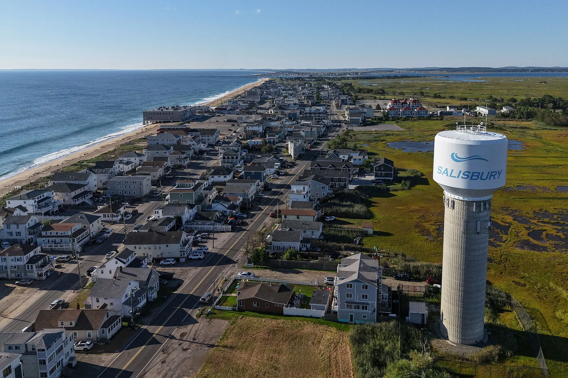 Aerial view of Salisbury Beach and water tower in Salisbury, Massachusetts.