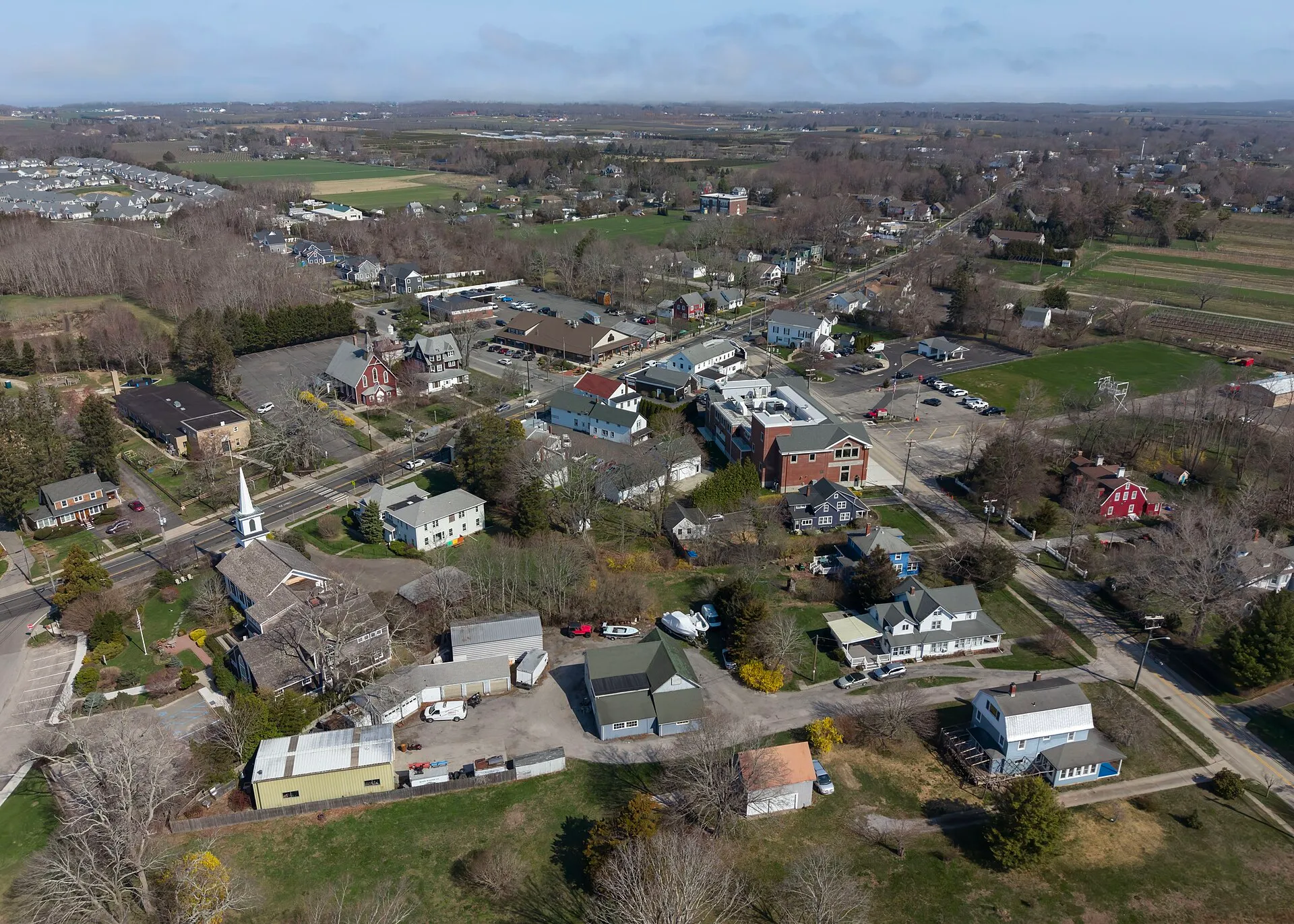 Aerial view of the hamlet and farmland of Cutchogue, New York.